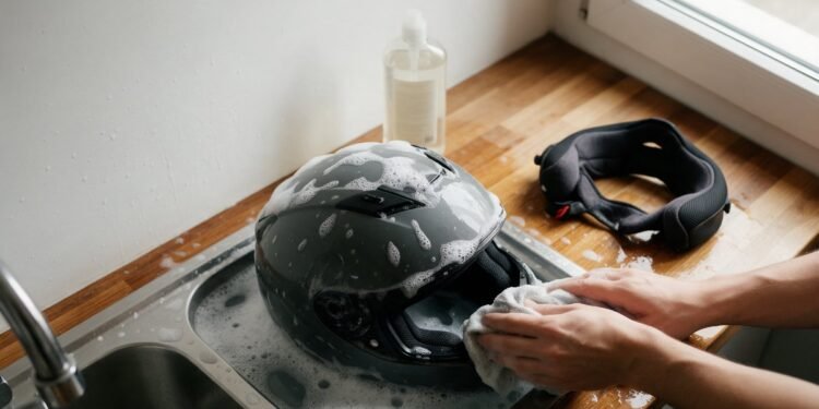 Capacete com espuma de sabão e forração ao lado, como tirar o cheiro do capacete