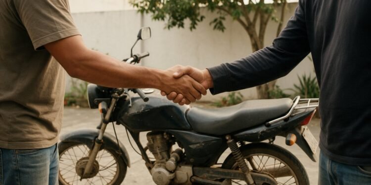 Aperto de mãos entre comprador e vendedor ao lado de uma moto usada