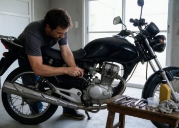 Pessoa verificando a moto na garagem, como trocar a bateria da moto