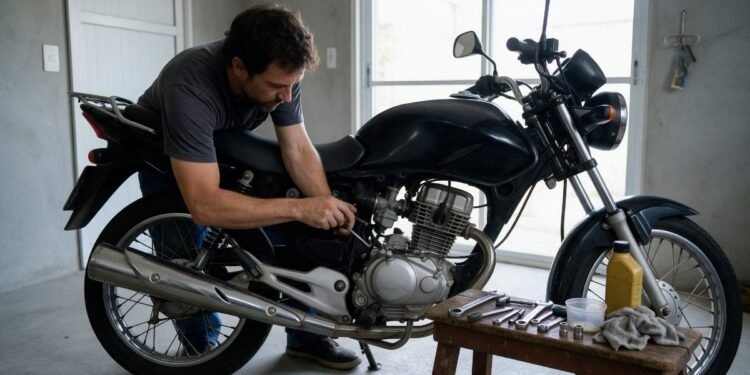 Pessoa verificando a moto na garagem, como trocar a bateria da moto