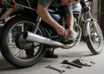 Pessoa trocando peça de moto em garagem, como trocar a vela da moto