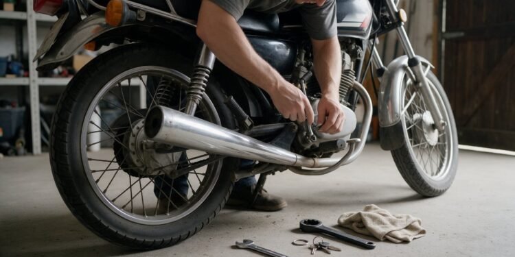 Pessoa trocando peça de moto em garagem, como trocar a vela da moto