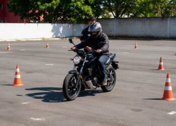 Piloto iniciante fazendo slalom entre cones, como trocar marcha de moto