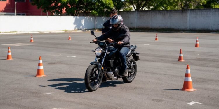 Piloto iniciante fazendo slalom entre cones, como trocar marcha de moto