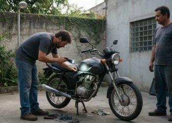 Homem inspeciona o motor de uma moto usada antes de comprar moto usada