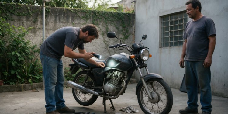 Homem inspeciona o motor de uma moto usada antes de comprar moto usada