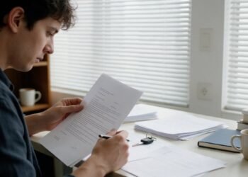Pessoa lendo contrato em escritório, consórcio de moto atrasado