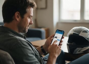 Homem lendo no celular as condições do consórcio de moto, com capacete sobre a mesa