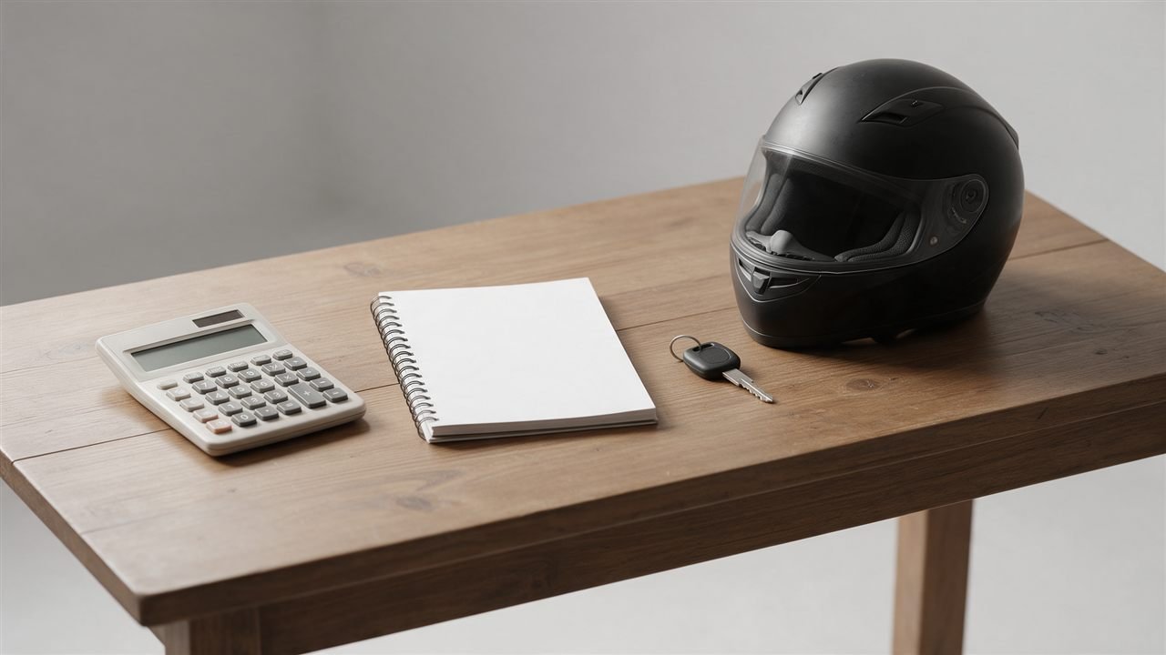 Calculadora, caderno, chave e capacete sobre a mesa para planejar o consórcio moto como funciona