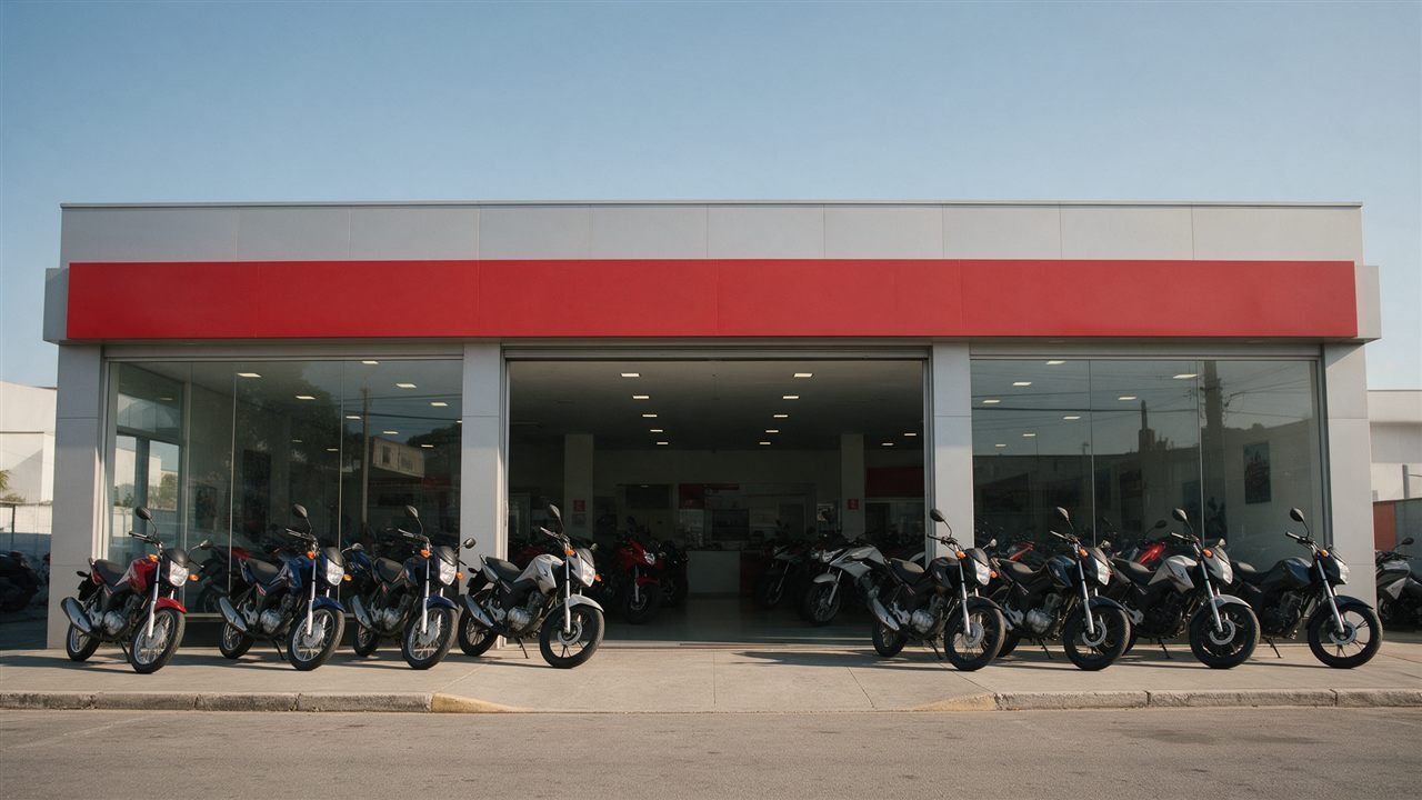 Fachada de concessionária com motos alinhadas, onde a carta de crédito do consórcio pode ser usada