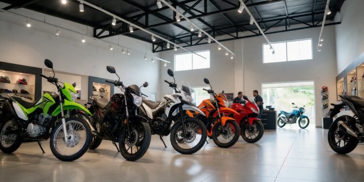 Concessionária de motos com várias motos novas, consórcio de moto Honda