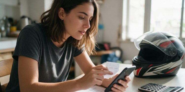 Mulher comparando consórcio ou financiamento moto no celular com calculadora e capacete na mesa