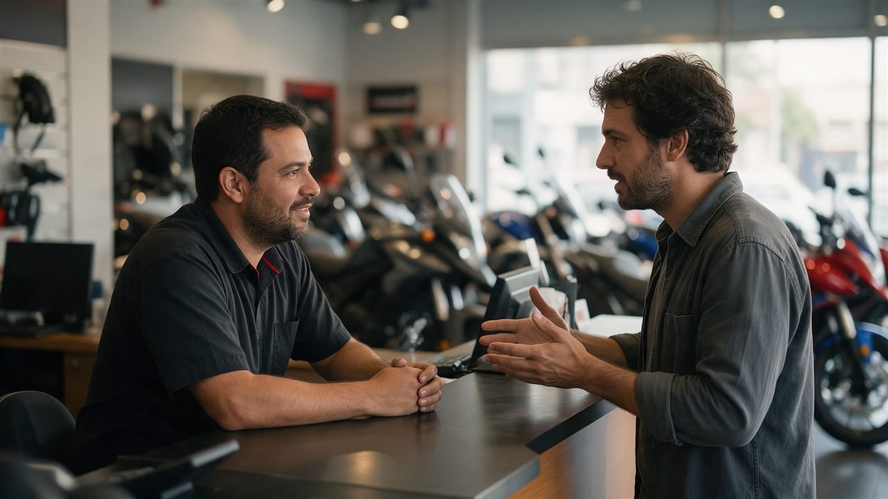 Cliente conversando com vendedor em uma loja de motos sobre as formas de pagamento