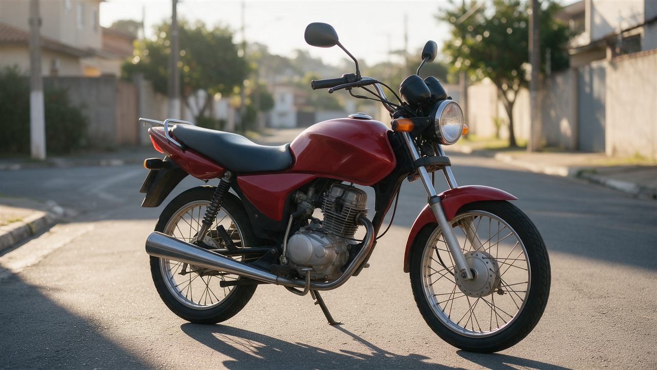 Moto vermelha de pequena cilindrada estacionada em uma rua residencial