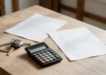 Chave de moto, calculadora e dois contratos sobre uma mesa, comparando consórcio e financiamento