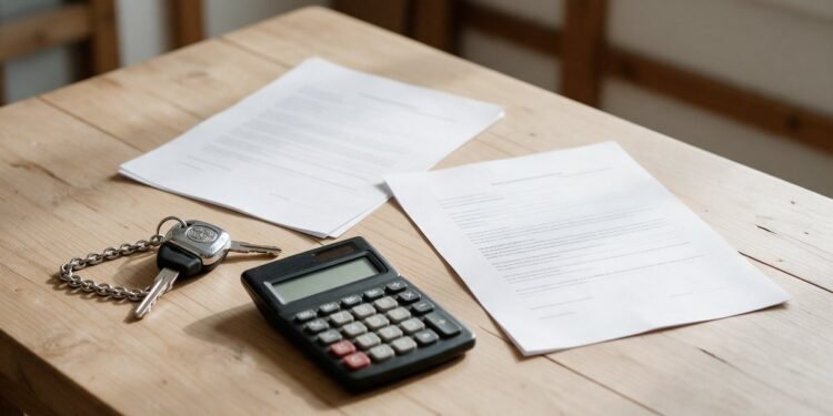 Chave de moto, calculadora e dois contratos sobre uma mesa, comparando consórcio e financiamento