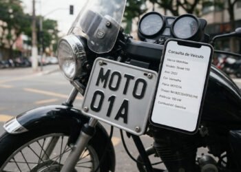 Placa de moto e celular mostrando a consulta de dados, para consultar placa de moto