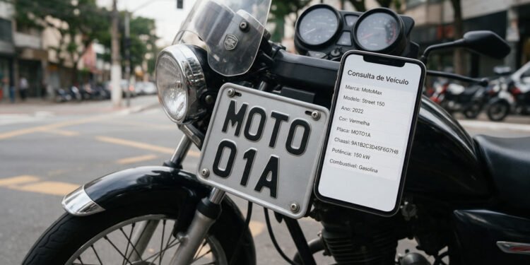 Placa de moto e celular mostrando a consulta de dados, para consultar placa de moto