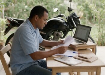 Pessoa analisando propostas e corretor de seguro de moto