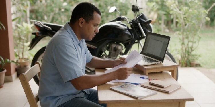 Pessoa analisando propostas e corretor de seguro de moto