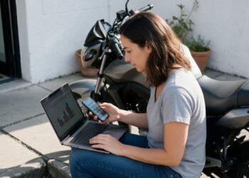 Mulher ao lado de uma moto fazendo cotação de seguro de moto no notebook e no celular