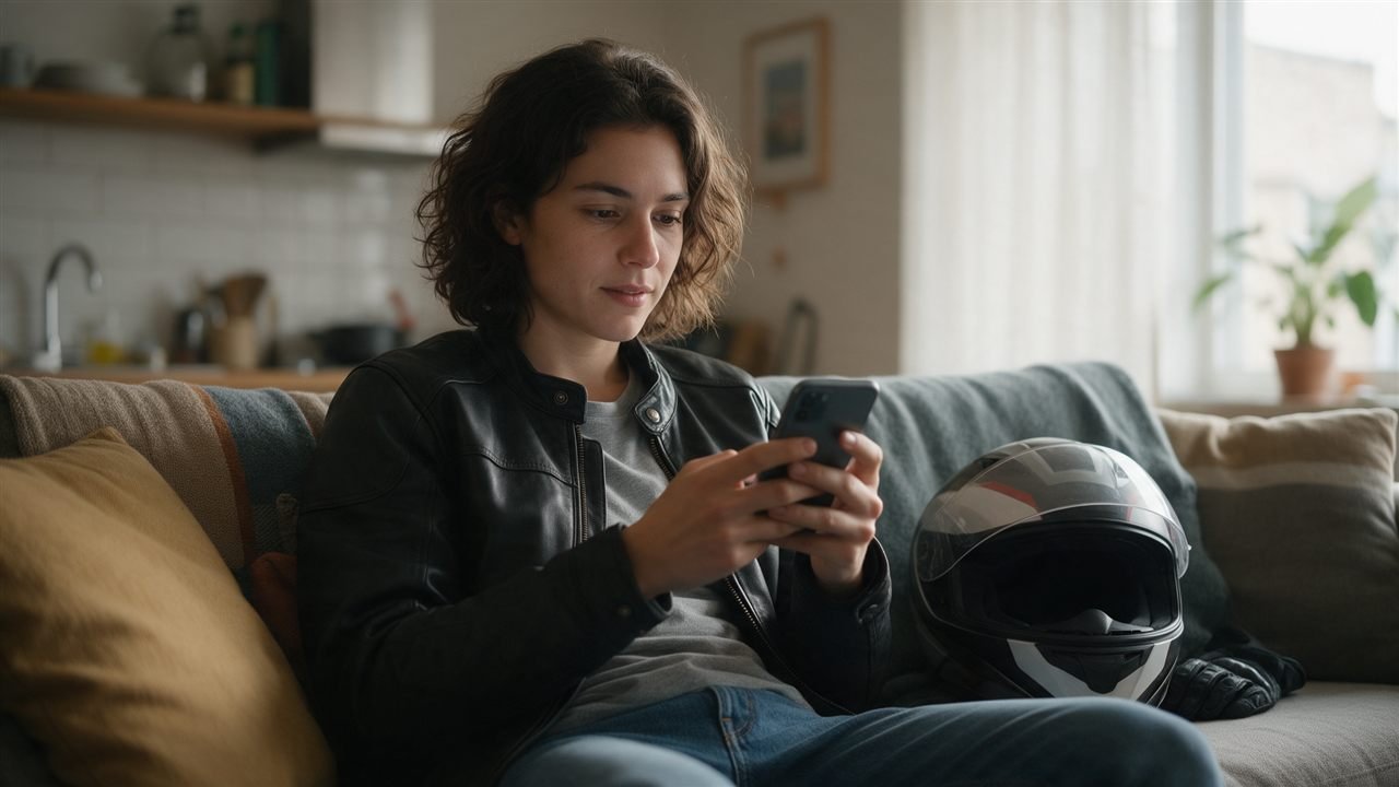 Pessoa usando o celular para fazer a simulação de seguro de moto com o capacete ao lado
