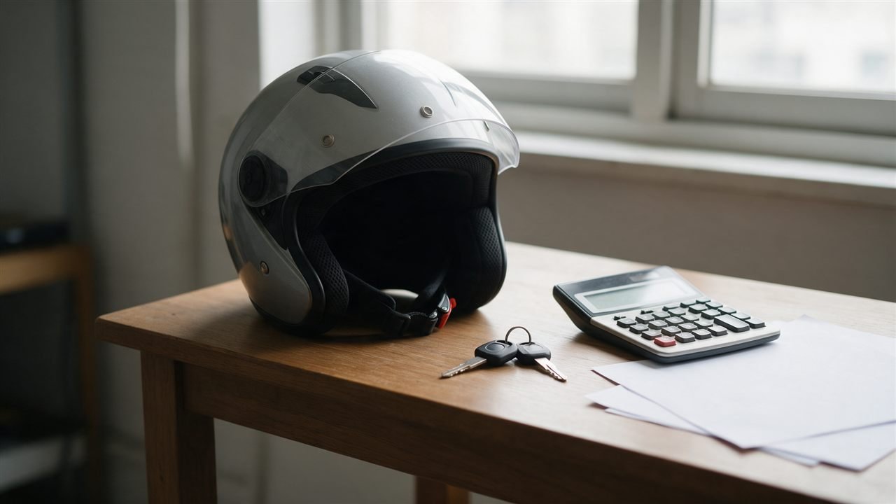 Mesa com capacete, chave e papéis usados na cotação de seguro para moto
