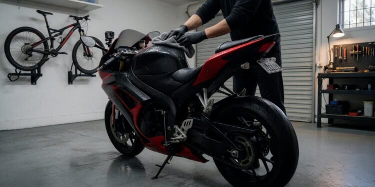 Pessoa secando a moto com um pano na garagem depois da chuva