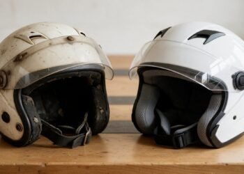 Capacetes antigo e novo lado a lado, data de fabricação do capacete