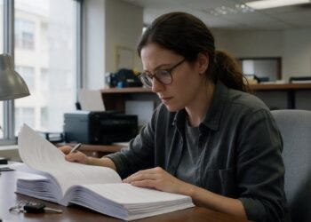 Pessoa estudando contrato em escritório, direitos do consumidor no consórcio de moto