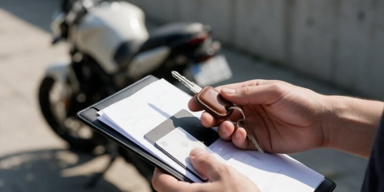 Mãos segurando a chave da moto e uma pasta de documentos