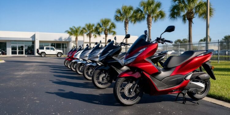 Fileira de motos e scooters novas em pátio, emplacamentos de motos em 2026