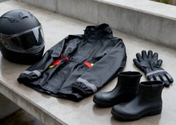 Capacete, capa de chuva, luvas e botas impermeáveis sobre uma bancada