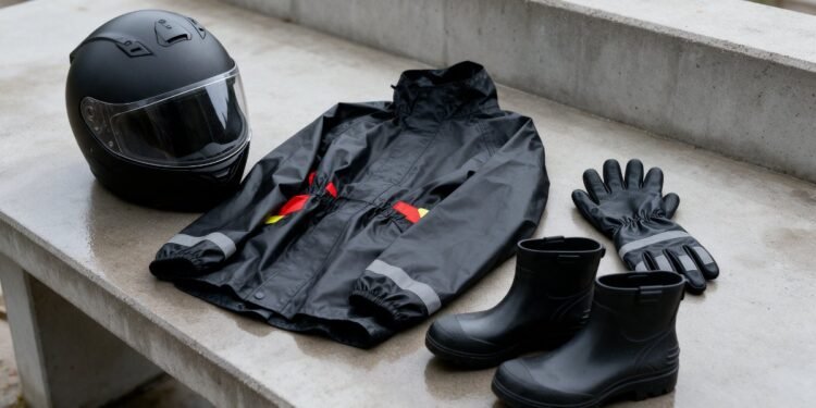 Capacete, capa de chuva, luvas e botas impermeáveis sobre uma bancada
