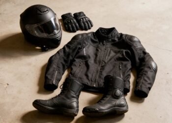Capacete, luvas, jaqueta e botas de motociclista dispostos no chão