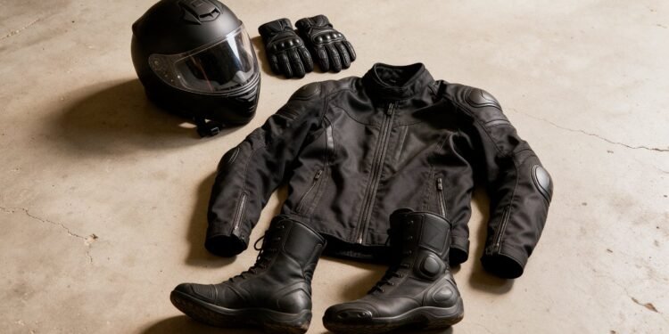 Capacete, luvas, jaqueta e botas de motociclista dispostos no chão