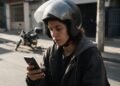 Financiamento de moto: pessoa de capacete aberto consulta o celular com uma moto estacionada ao fundo