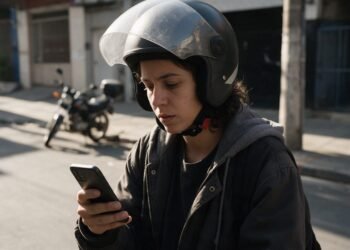 Financiamento de moto: pessoa de capacete aberto consulta o celular com uma moto estacionada ao fundo