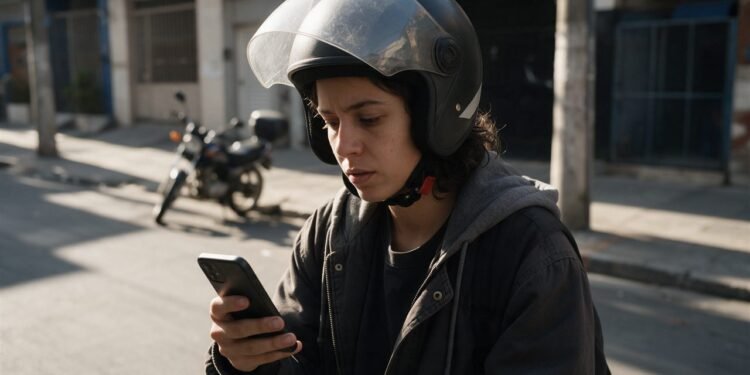 Financiamento de moto: pessoa de capacete aberto consulta o celular com uma moto estacionada ao fundo