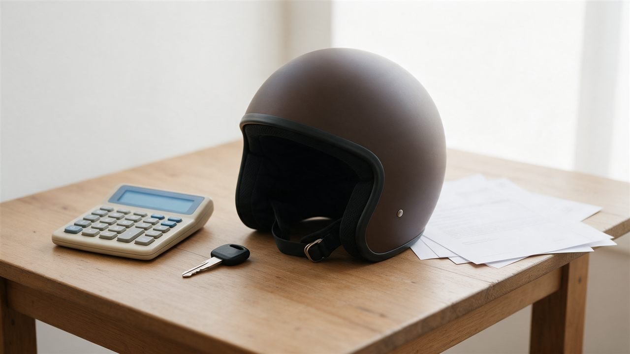 Mesa com calculadora, capacete e chave de moto usados para planejar o financiamento
