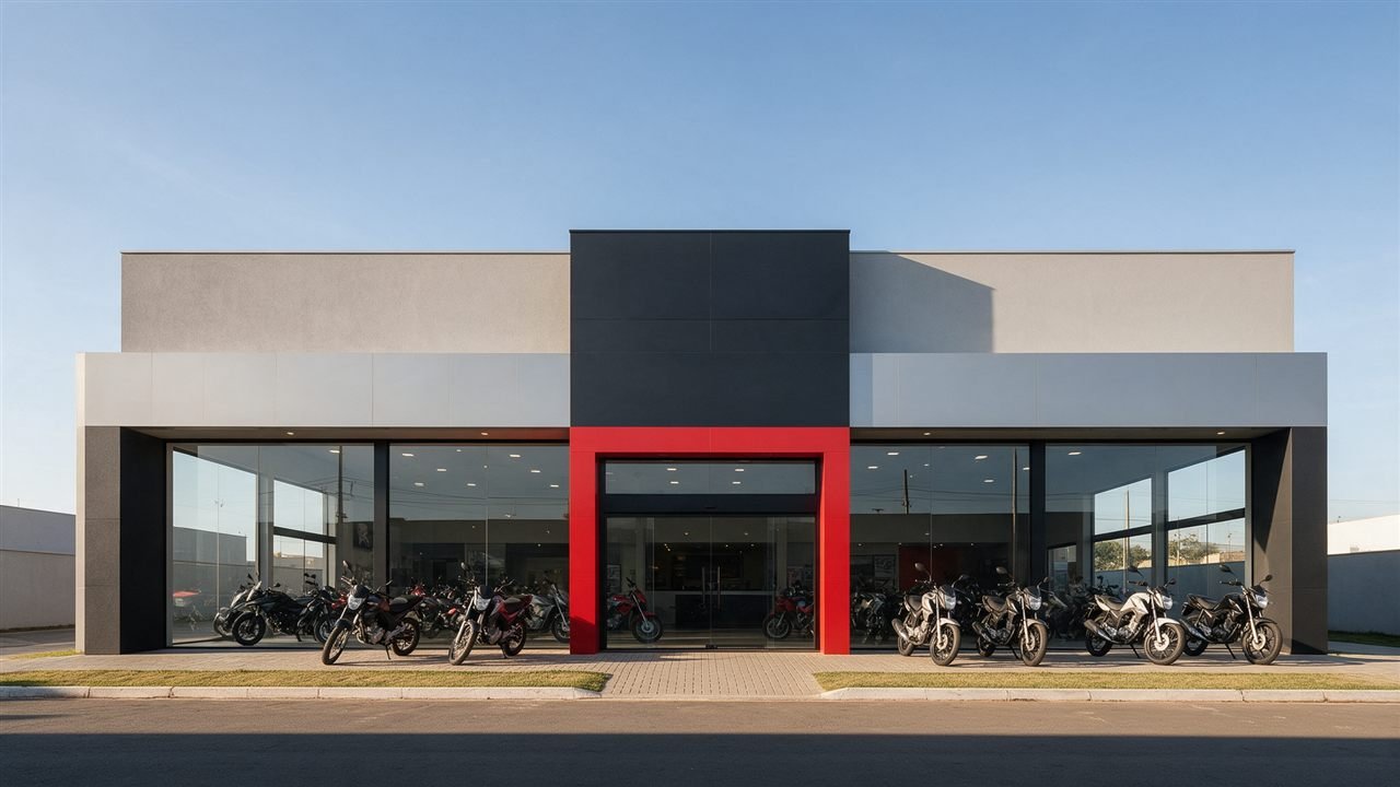 Fachada de concessionária de motos onde se contrata o financiamento