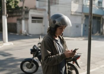 Financiamento de moto sem entrada: pessoa de capacete aberto olhando o celular com moto ao fundo