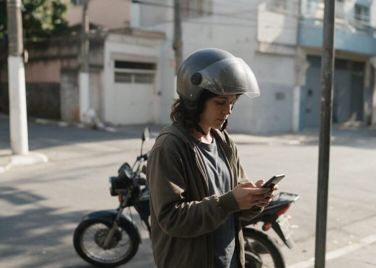 Financiamento de moto sem entrada: pessoa de capacete aberto olhando o celular com moto ao fundo