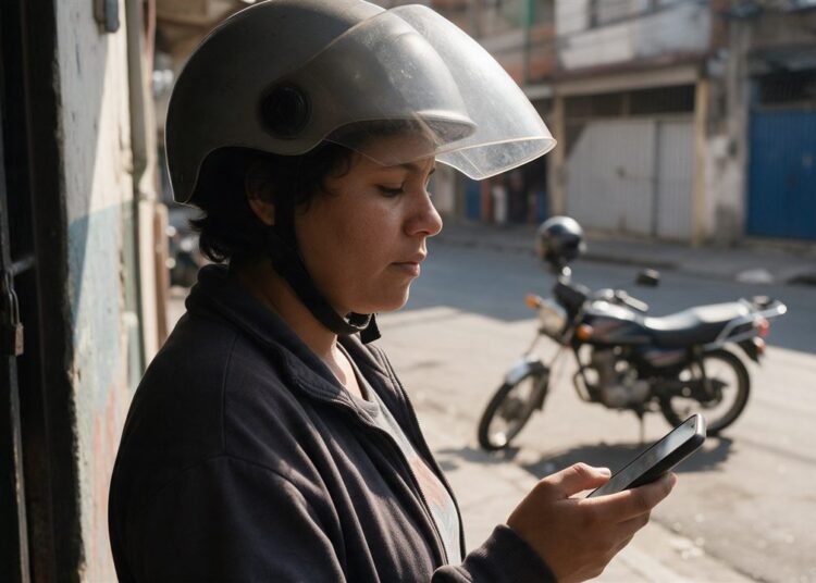 Financiamento moto Yamaha: pessoa de capacete aberto olhando o celular com moto ao fundo
