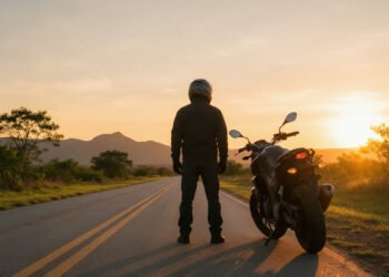 Motociclista de capacete ao lado da moto na estrada ao nascer do sol, para frases de moto motivação