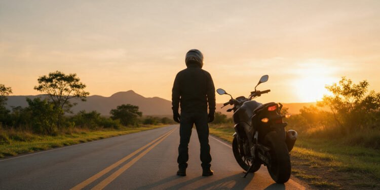 Motociclista de capacete ao lado da moto na estrada ao nascer do sol, para frases de moto motivação