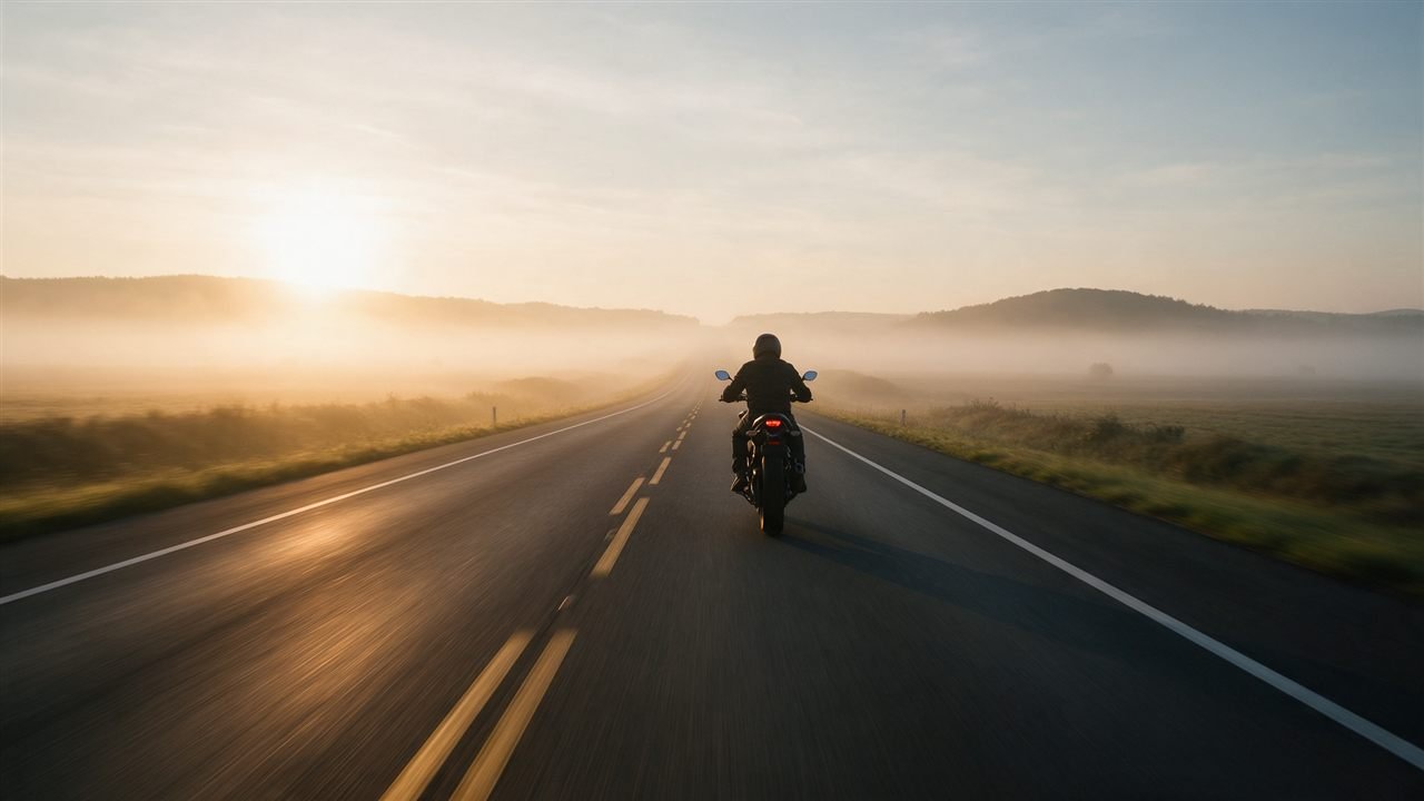 Motociclista de capacete pilotando numa estrada reta ao amanhecer com névoa leve