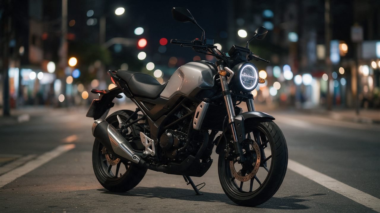 Moto estacionada à noite numa rua de cidade com luzes desfocadas ao fundo