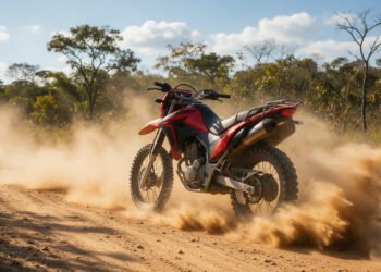 Moto de trilha levanta poeira em estrada de terra, para frases de moto trilha