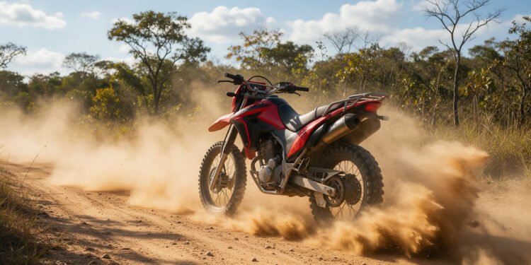 Moto de trilha levanta poeira em estrada de terra, para frases de moto trilha